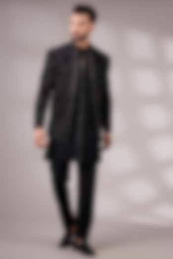Black Velvet & Silk Groom Indowestern Set by Rohit Gandhi & Rahul Khanna Men at Pernia's Pop Up Shop