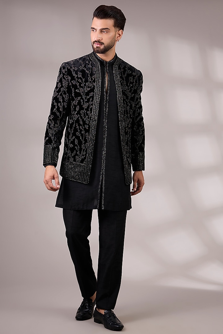 Black Velvet & Silk Groom Indowestern Set by Rohit Gandhi & Rahul Khanna Men at Pernia's Pop Up Shop