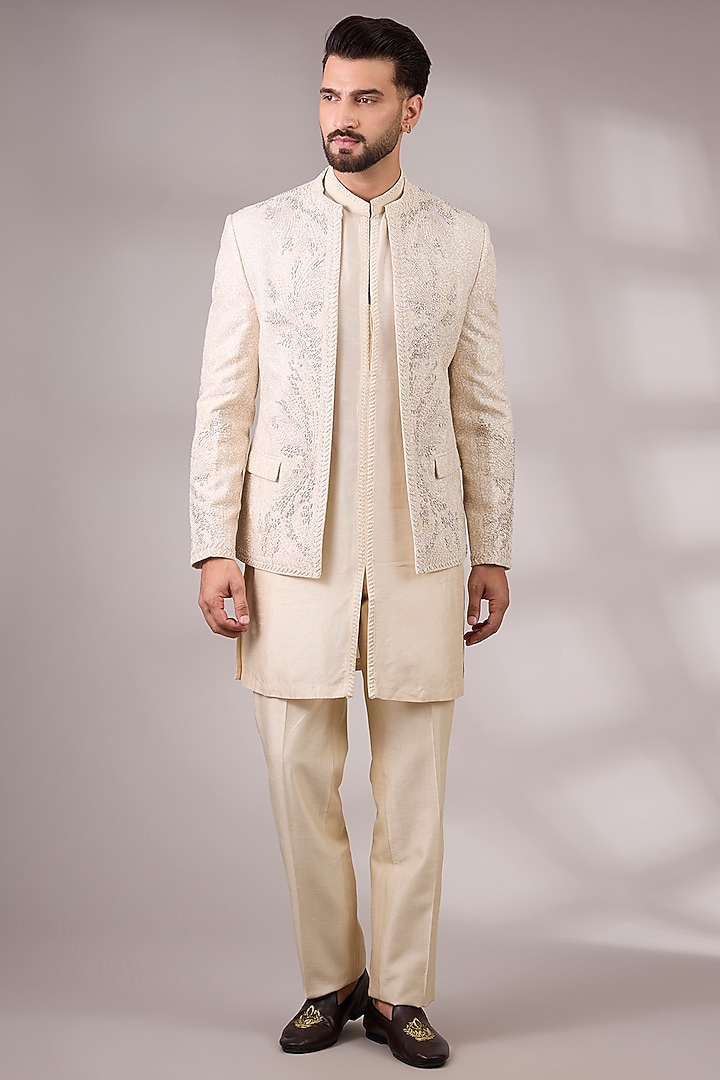 Ecru Silk Groom Indowestern Set by Rohit Gandhi & Rahul Khanna Men at Pernia's Pop Up Shop