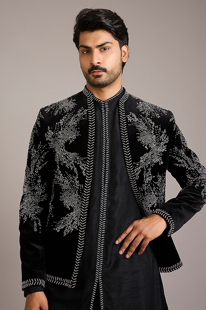 Black Velvet Embroidered Groom Indowestern Set by Rohit Gandhi & Rahul Khanna Men at Pernia's Pop Up Shop