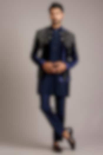 Navy Velvet Embroidered Groom Indowestern Set by Rohit Gandhi & Rahul Khanna Men at Pernia's Pop Up Shop
