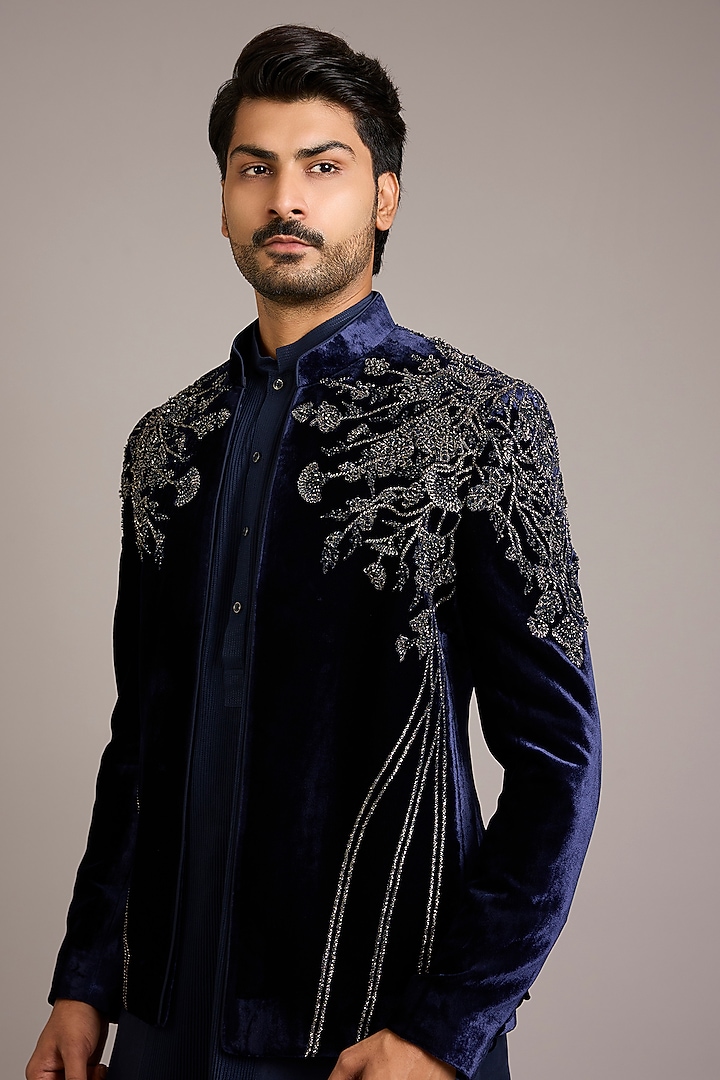 Navy Velvet Embroidered Groom Indowestern Set by Rohit Gandhi & Rahul Khanna Men at Pernia's Pop Up Shop