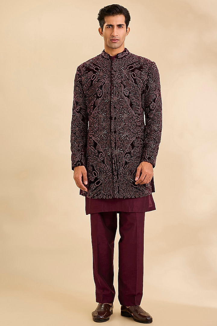 Wine Silk Groom Indowestern Set by Rohit Gandhi & Rahul Khanna Men at Pernia's Pop Up Shop