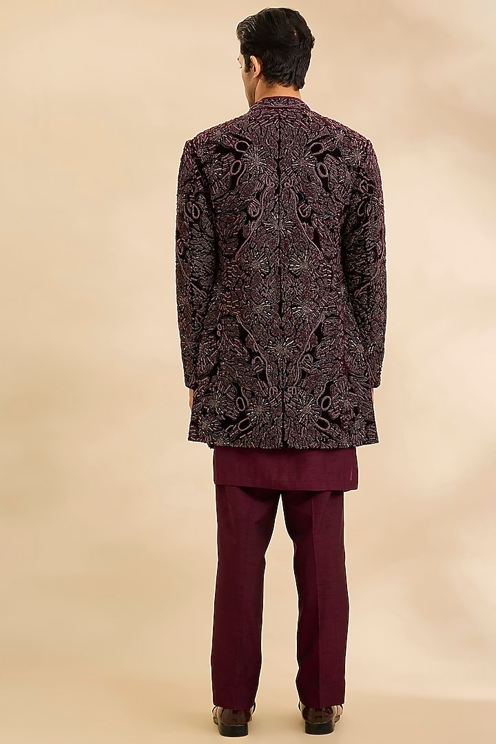 Wine Silk Groom Indowestern Set by Rohit Gandhi & Rahul Khanna Men at Pernia's Pop Up Shop