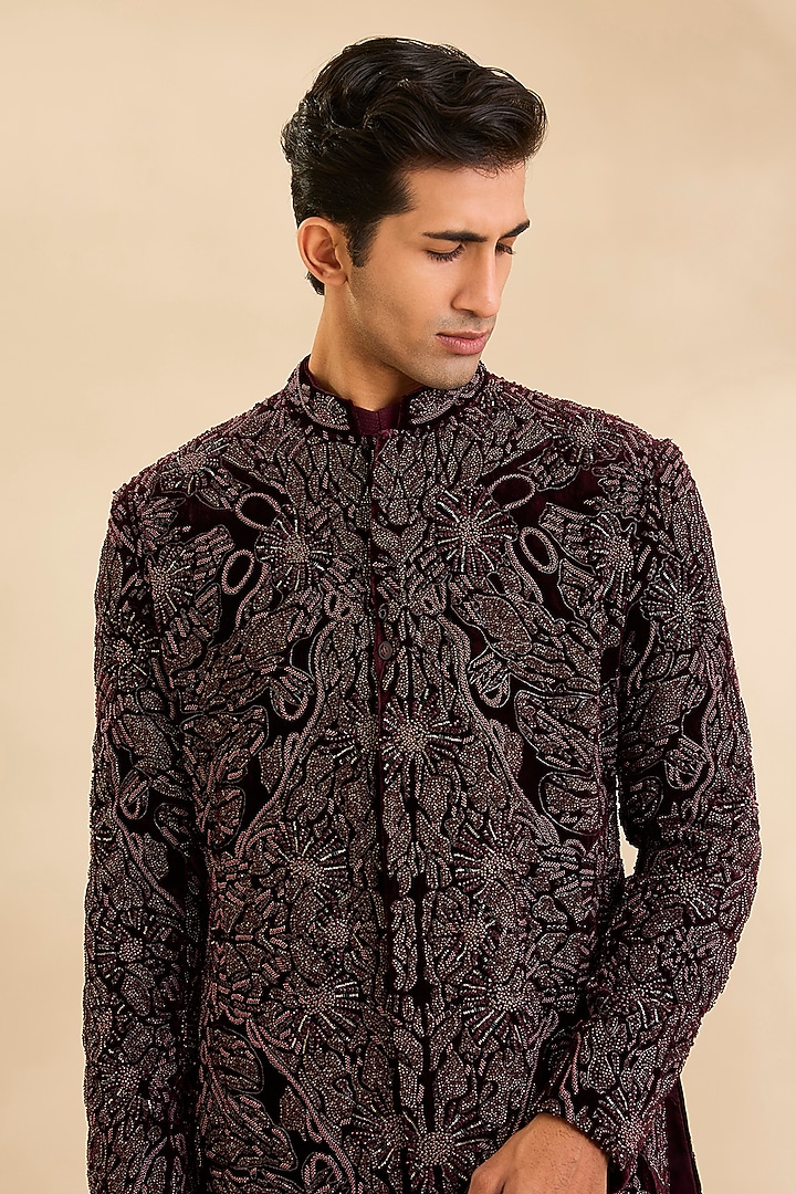 Wine Silk Groom Indowestern Set by Rohit Gandhi & Rahul Khanna Men at Pernia's Pop Up Shop