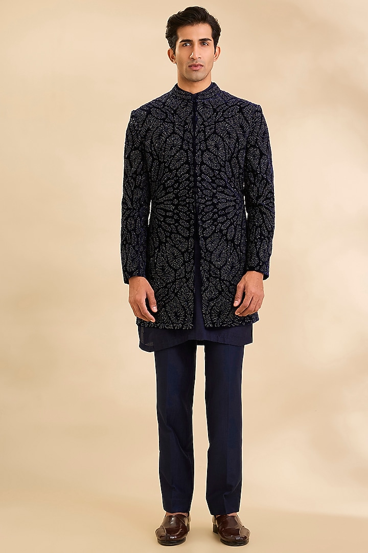 Navy Silk Groom Indowestern Set by Rohit Gandhi & Rahul Khanna Men at Pernia's Pop Up Shop