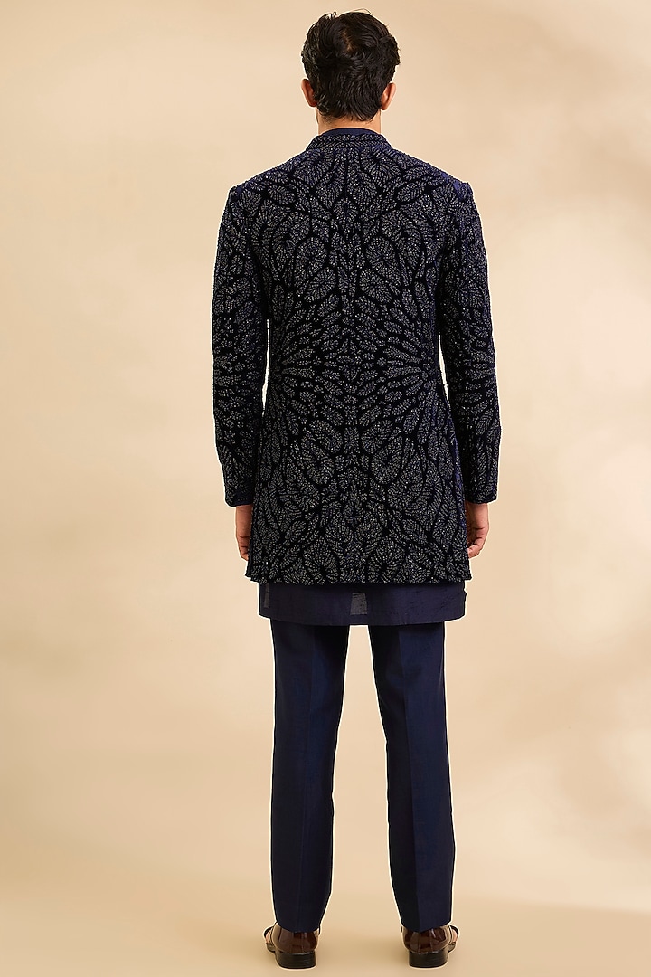 Navy Silk Groom Indowestern Set by Rohit Gandhi & Rahul Khanna Men at Pernia's Pop Up Shop