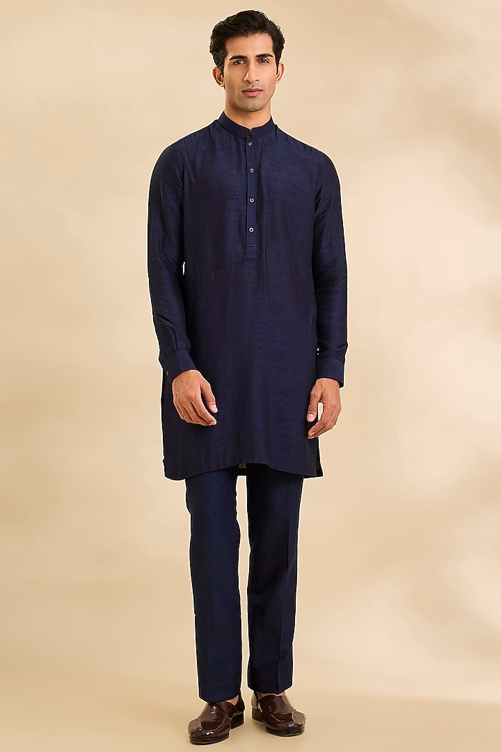 Navy Silk Groom Indowestern Set by Rohit Gandhi & Rahul Khanna Men at Pernia's Pop Up Shop