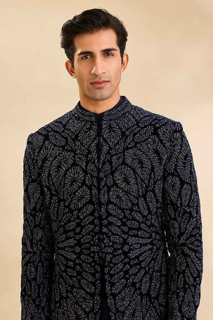 Navy Silk Groom Indowestern Set by Rohit Gandhi & Rahul Khanna Men at Pernia's Pop Up Shop