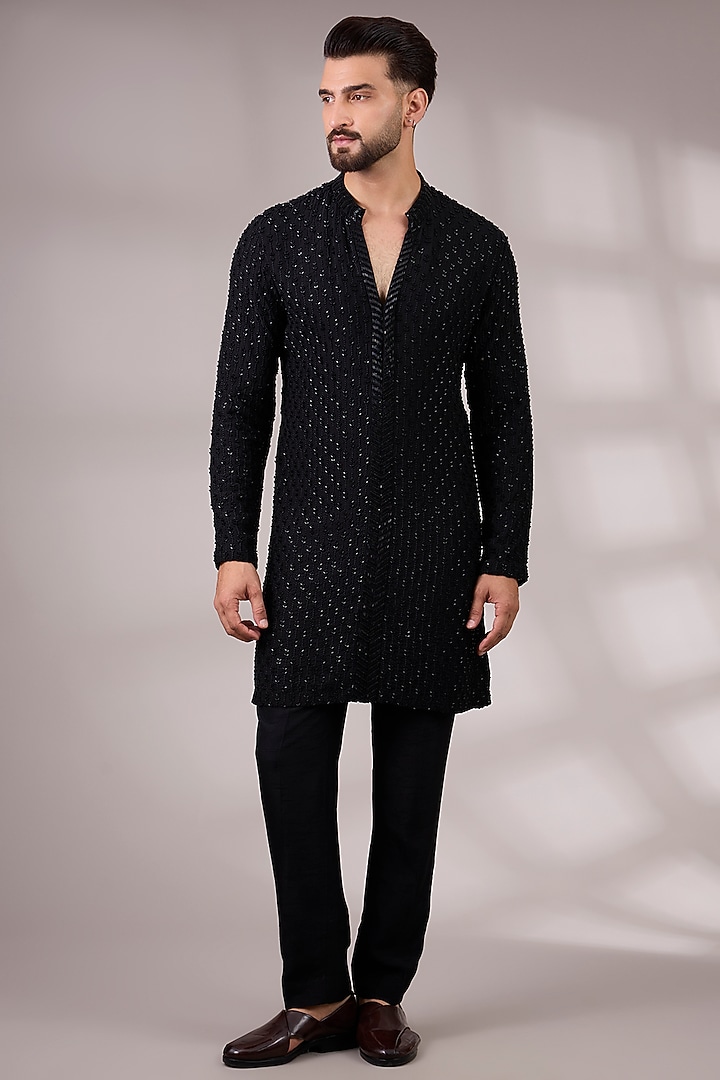 Black Silk Kurta Set by Rohit Gandhi & Rahul Khanna Men at Pernia's Pop Up Shop