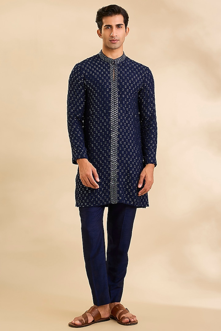 Navy Silk Kurta Set by Rohit Gandhi & Rahul Khanna Men at Pernia's Pop Up Shop
