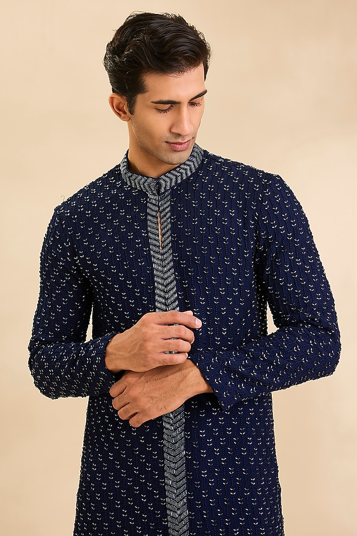 Navy Silk Kurta Set by Rohit Gandhi & Rahul Khanna Men at Pernia's Pop Up Shop