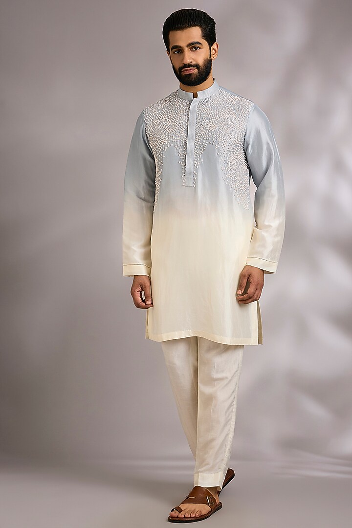 Blue & White Silk Kurta Set by Rohit Gandhi & Rahul Khanna Men at Pernia's Pop Up Shop