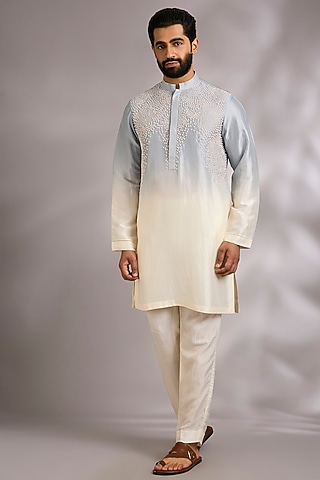 Blue & White Silk Kurta Set by Rohit Gandhi & Rahul Khanna Men