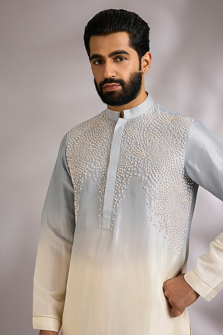 Blue & White Silk Kurta Set by Rohit Gandhi & Rahul Khanna Men at Pernia's Pop Up Shop