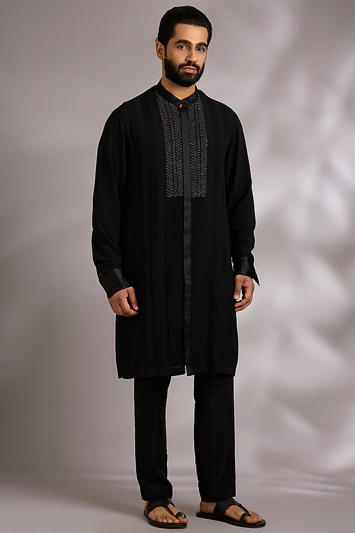 Black Silk Kurta Set by Rohit Gandhi & Rahul Khanna Men at Pernia's Pop Up Shop