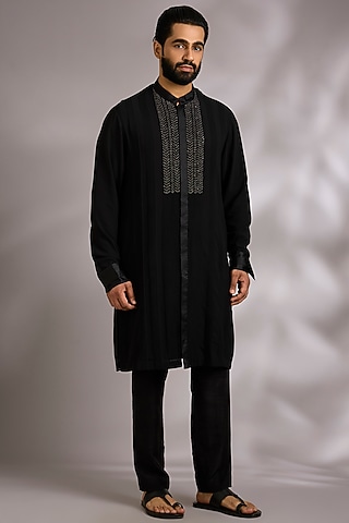 Black Silk Kurta Set by Rohit Gandhi & Rahul Khanna Men