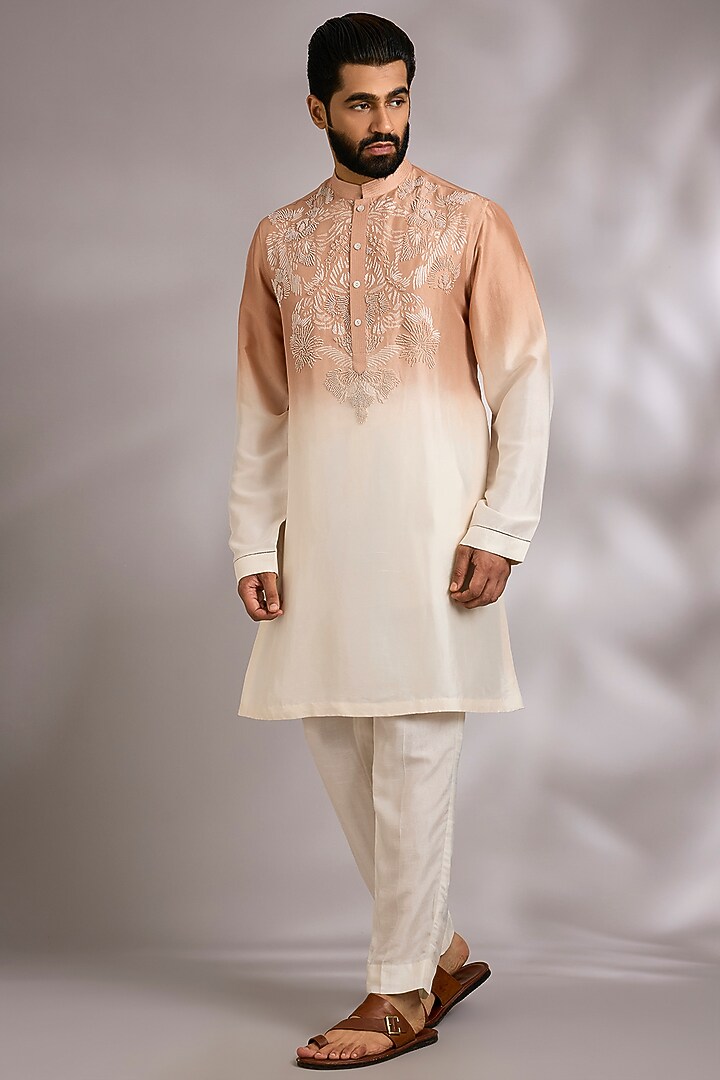 Goldstone-Shell Colored Silk Kurta Set by Rohit Gandhi & Rahul Khanna Men at Pernia's Pop Up Shop