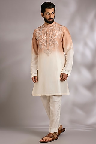Goldstone-Shell Colored Silk Kurta Set by Rohit Gandhi & Rahul Khanna Men