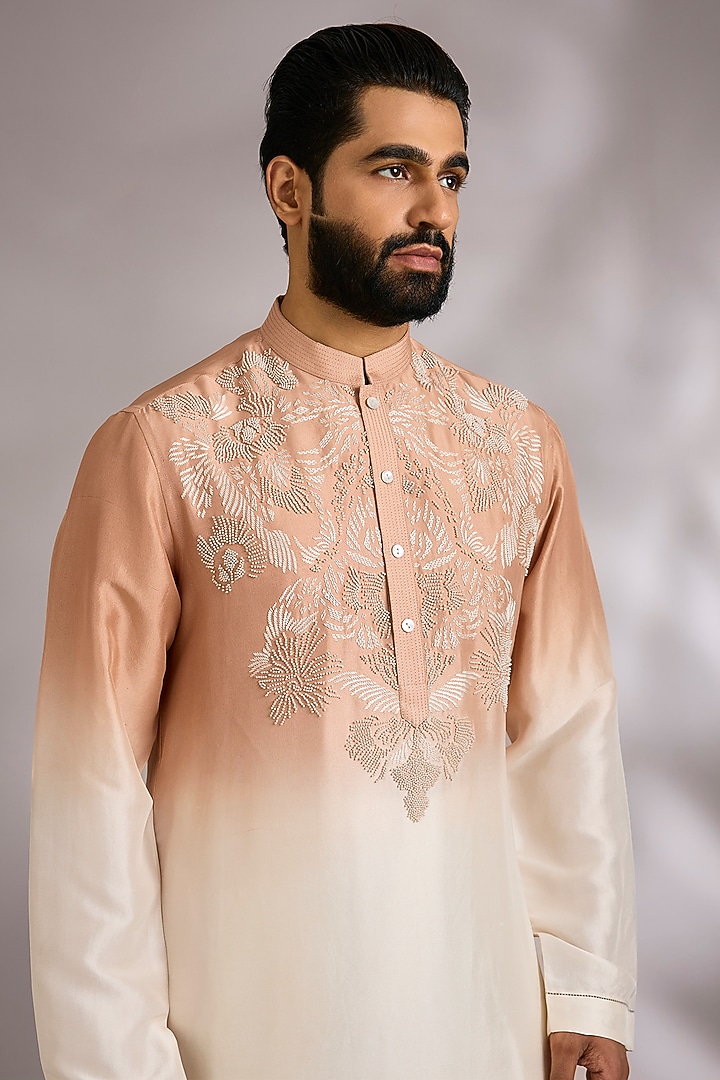 Goldstone-Shell Colored Silk Kurta Set by Rohit Gandhi & Rahul Khanna Men at Pernia's Pop Up Shop