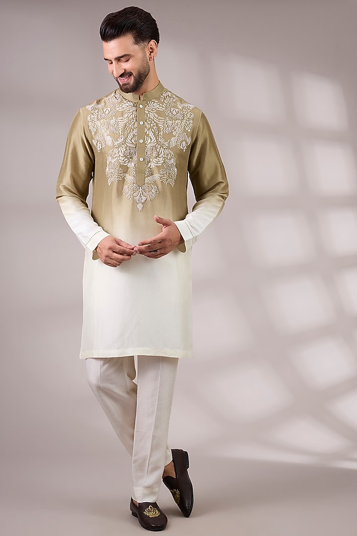 Leaf Green & Shell-Colored Silk Kurta Set by Rohit Gandhi & Rahul Khanna Men at Pernia's Pop Up Shop