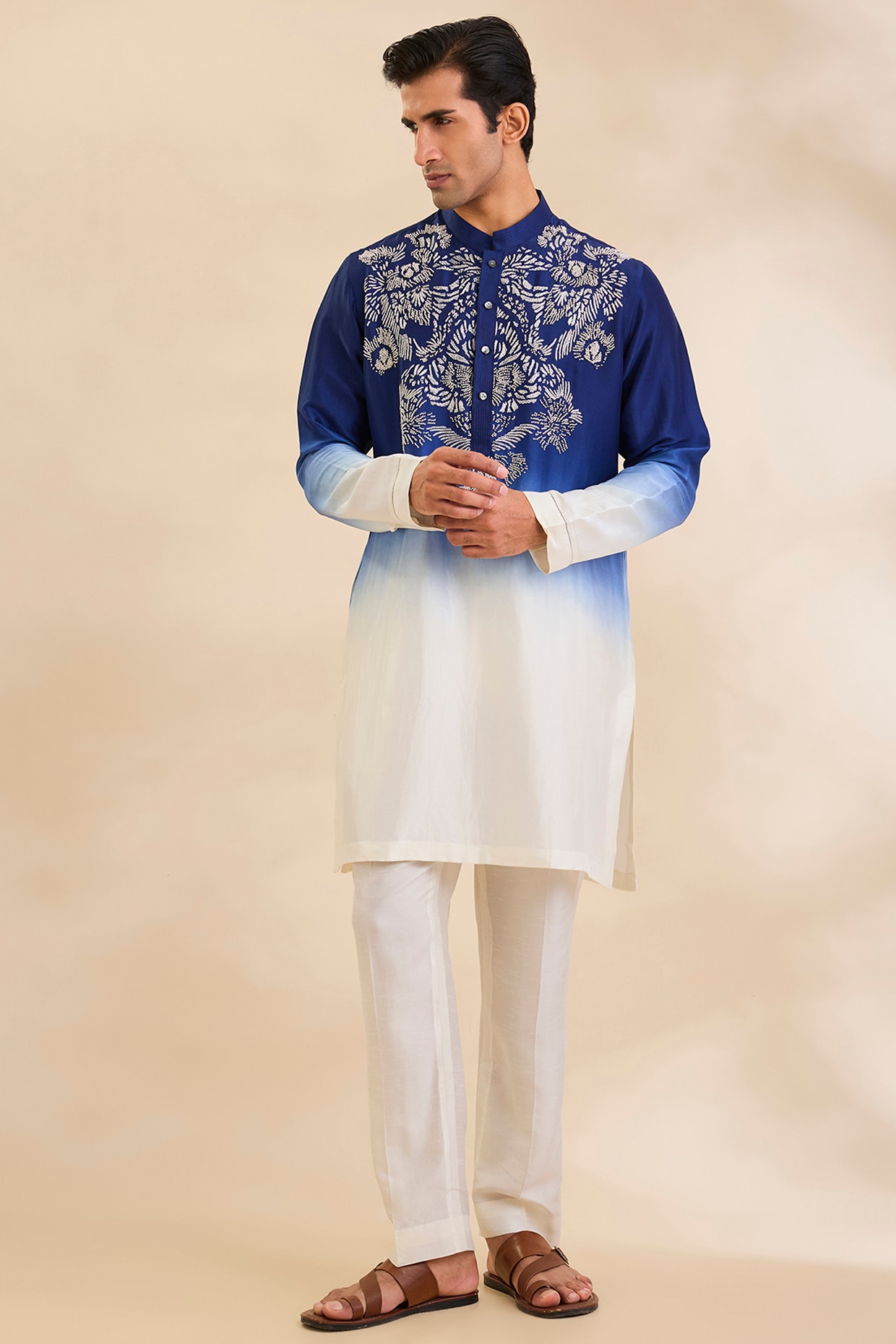 Rohit Gandhi & Rahul Khanna Ivory-Ink Blue Silk Kurta Set