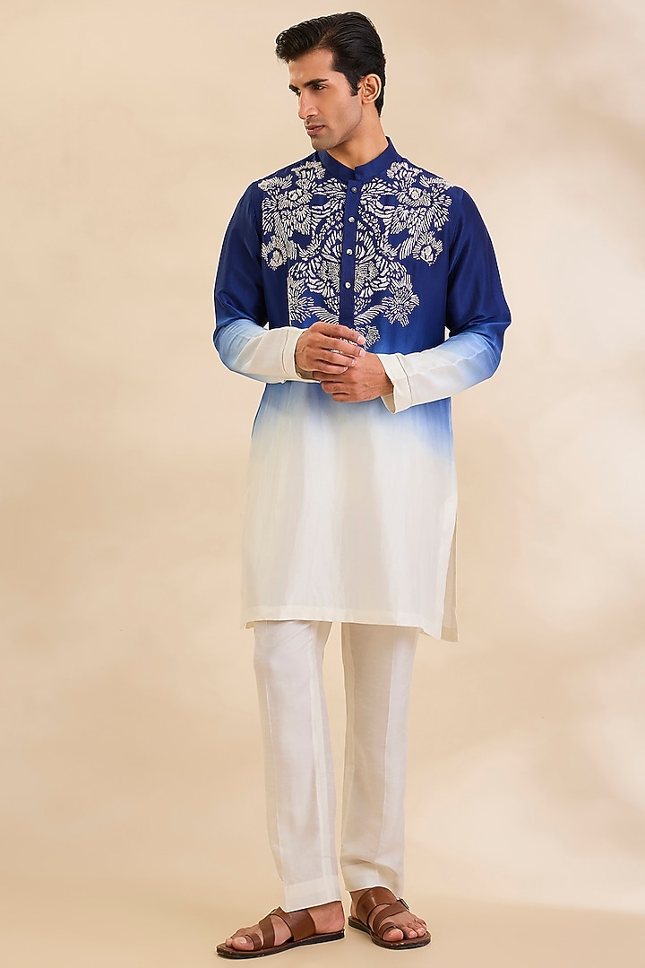 Ivory-Ink Blue Silk Kurta Set by Rohit Gandhi & Rahul Khanna Men at Pernia's Pop Up Shop