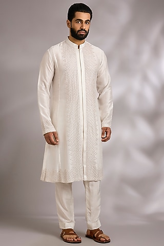 Ivory Silk Kurta Set by Rohit Gandhi & Rahul Khanna Men