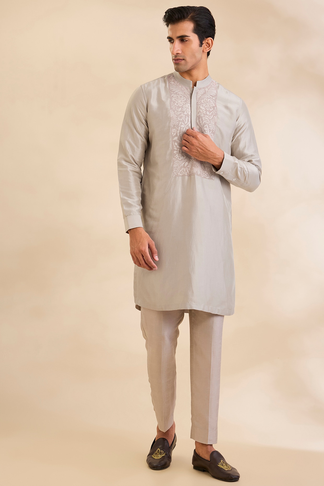 Rohit Gandhi & Rahul Khanna Dust Grey Silk Kurta Set