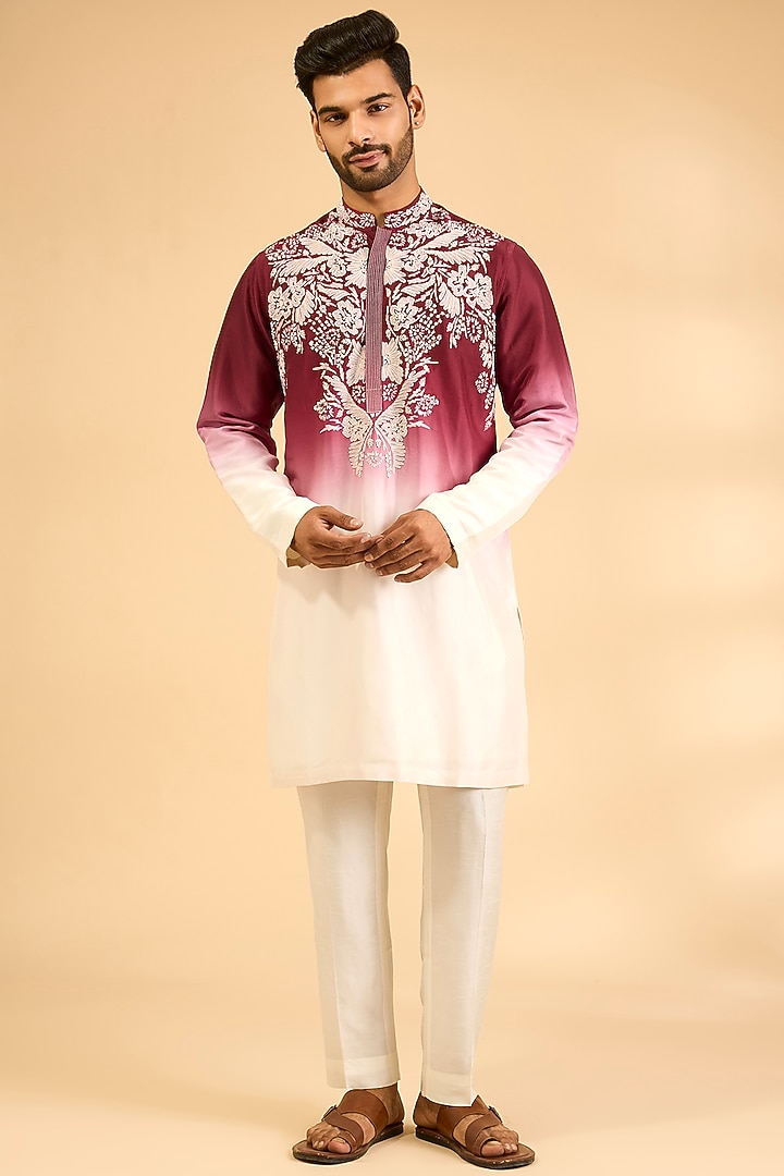 Crimson-White Silk Kurta Set by Rohit Gandhi & Rahul Khanna Men at Pernia's Pop Up Shop
