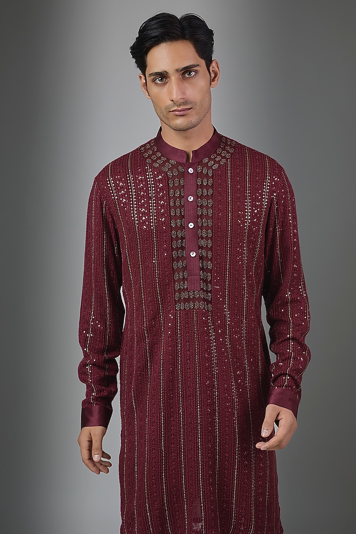 Deep Crimson Georgette Kurta Set by Rohit Gandhi & Rahul Khanna Men at Pernia's Pop Up Shop
