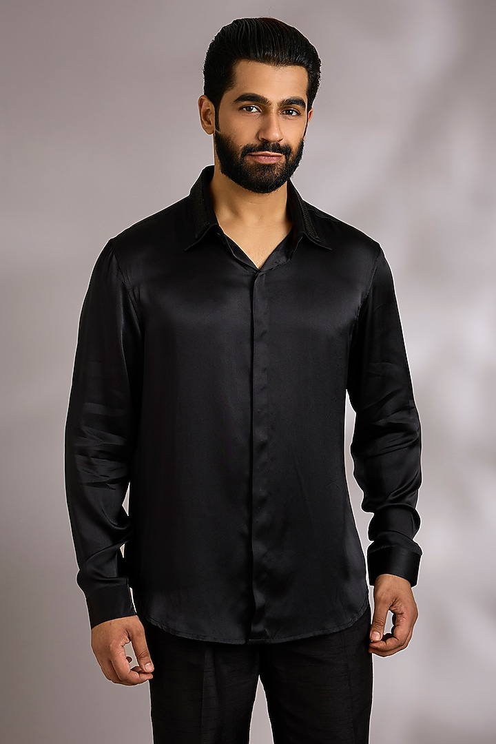 Black Silk Satin Wedding Shirt by Rohit Gandhi & Rahul Khanna Men at Pernia's Pop Up Shop