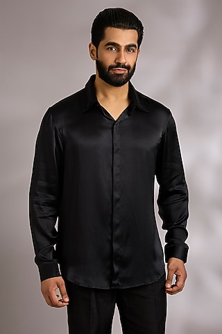 Black Silk Satin Shirt by Rohit Gandhi & Rahul Khanna Men