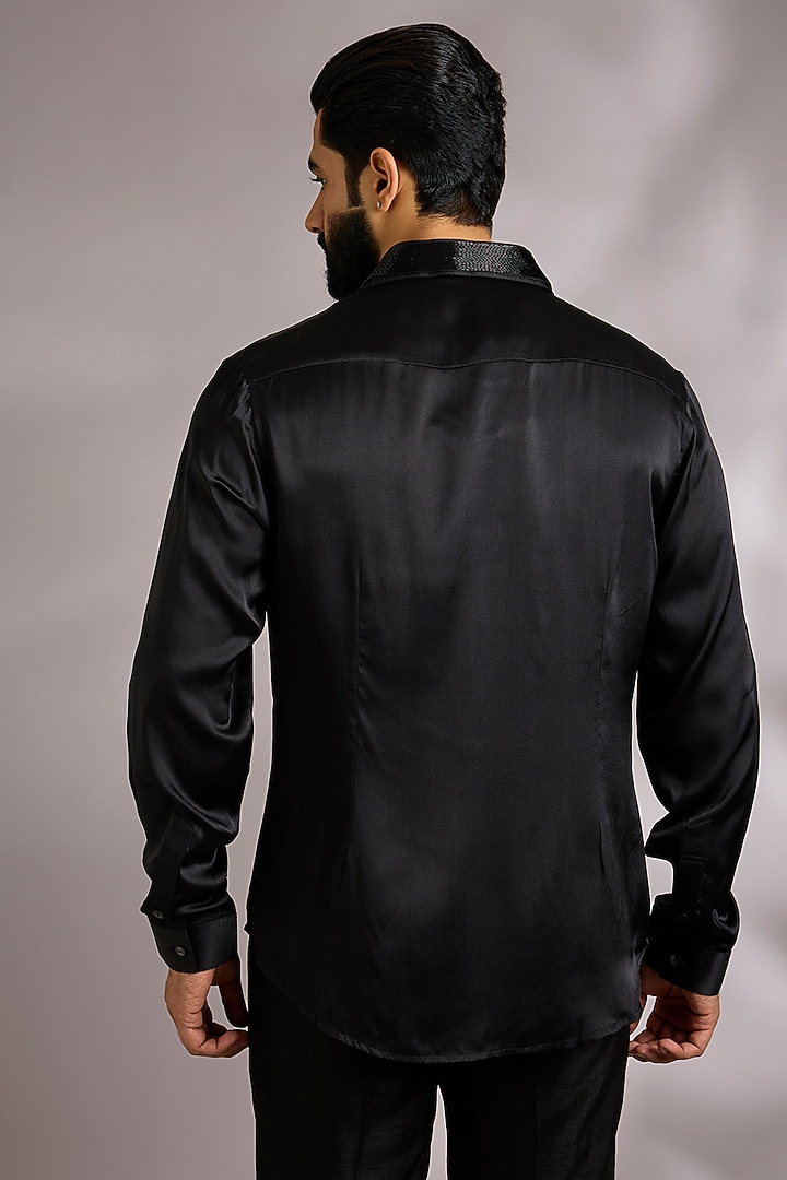 Black Silk Satin Wedding Shirt by Rohit Gandhi & Rahul Khanna Men at Pernia's Pop Up Shop
