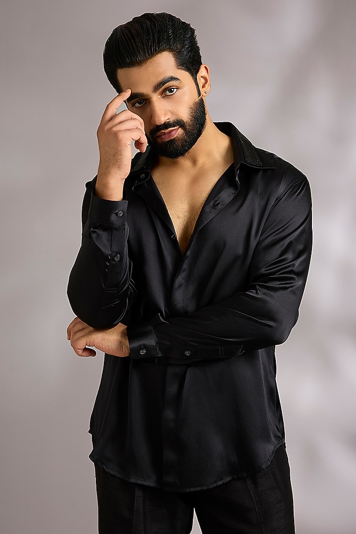 Black Silk Satin Wedding Shirt by Rohit Gandhi & Rahul Khanna Men at Pernia's Pop Up Shop