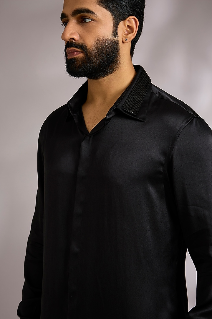 Black Silk Satin Wedding Shirt by Rohit Gandhi & Rahul Khanna Men at Pernia's Pop Up Shop