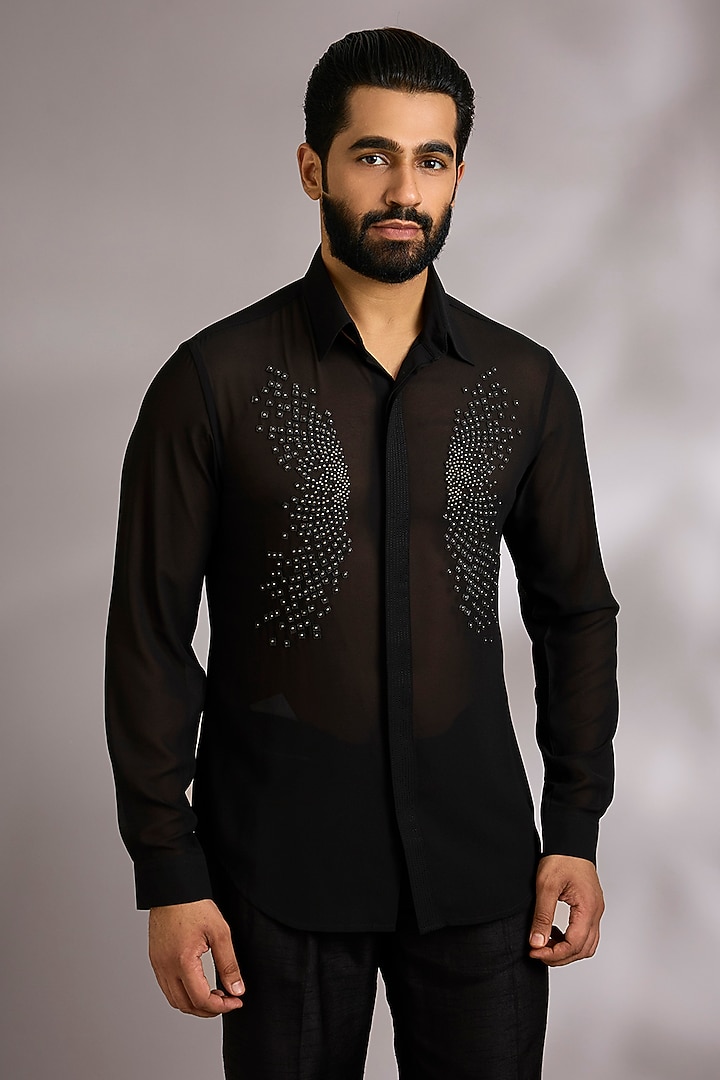 Black Georgette Wedding Shirt by Rohit Gandhi & Rahul Khanna Men at Pernia's Pop Up Shop