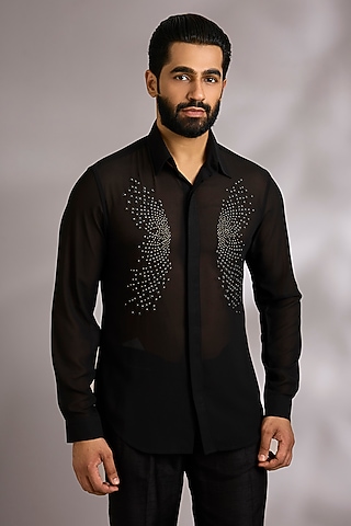 Black Georgette Shirt by Rohit Gandhi & Rahul Khanna Men