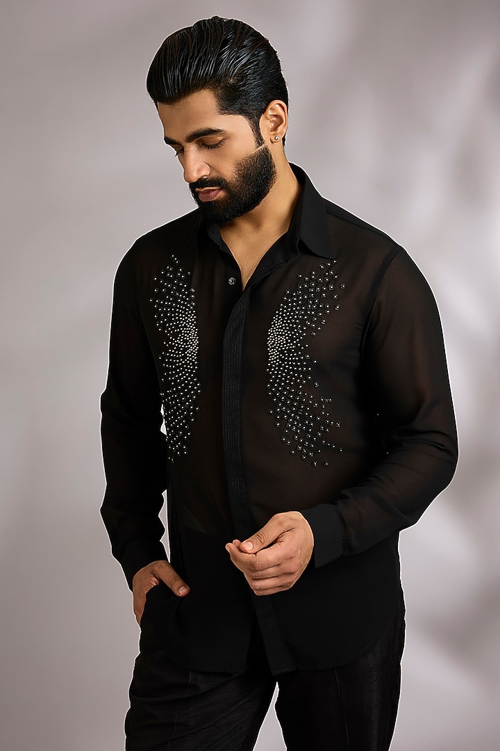 Black Georgette Wedding Shirt by Rohit Gandhi & Rahul Khanna Men at Pernia's Pop Up Shop