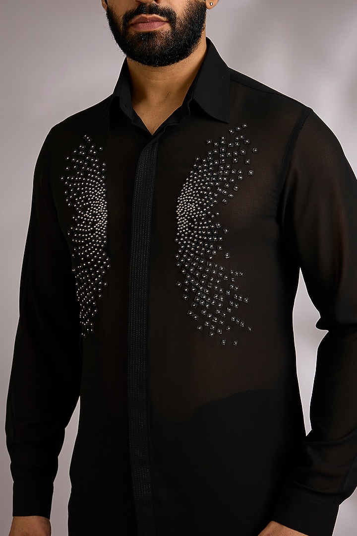 Black Georgette Wedding Shirt by Rohit Gandhi & Rahul Khanna Men at Pernia's Pop Up Shop