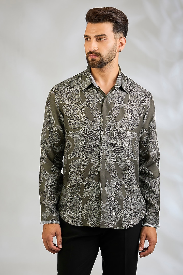 Olive Silk Wedding Shirt by Rohit Gandhi & Rahul Khanna Men at Pernia's Pop Up Shop
