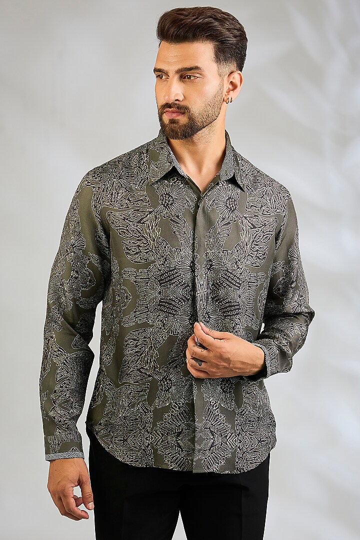Olive Silk Wedding Shirt by Rohit Gandhi & Rahul Khanna Men at Pernia's Pop Up Shop