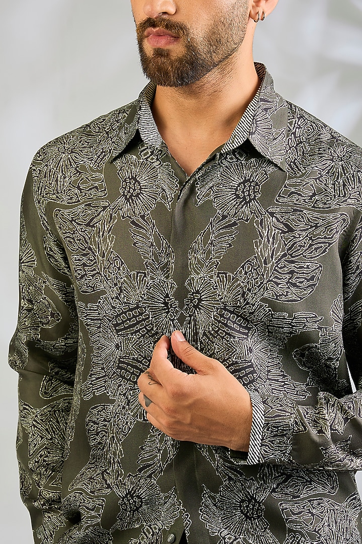 Olive Silk Wedding Shirt by Rohit Gandhi & Rahul Khanna Men at Pernia's Pop Up Shop