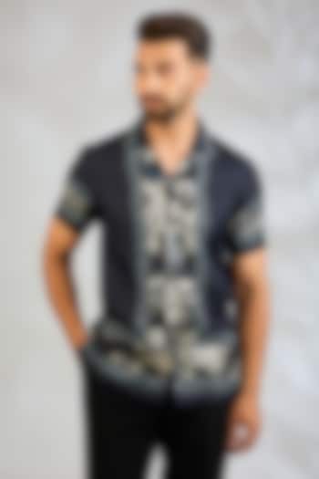 Navy Blue Silk Wedding Shirt by Rohit Gandhi & Rahul Khanna Men at Pernia's Pop Up Shop