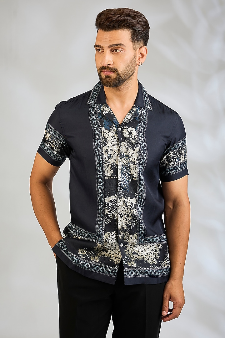 Navy Blue Silk Wedding Shirt by Rohit Gandhi & Rahul Khanna Men at Pernia's Pop Up Shop