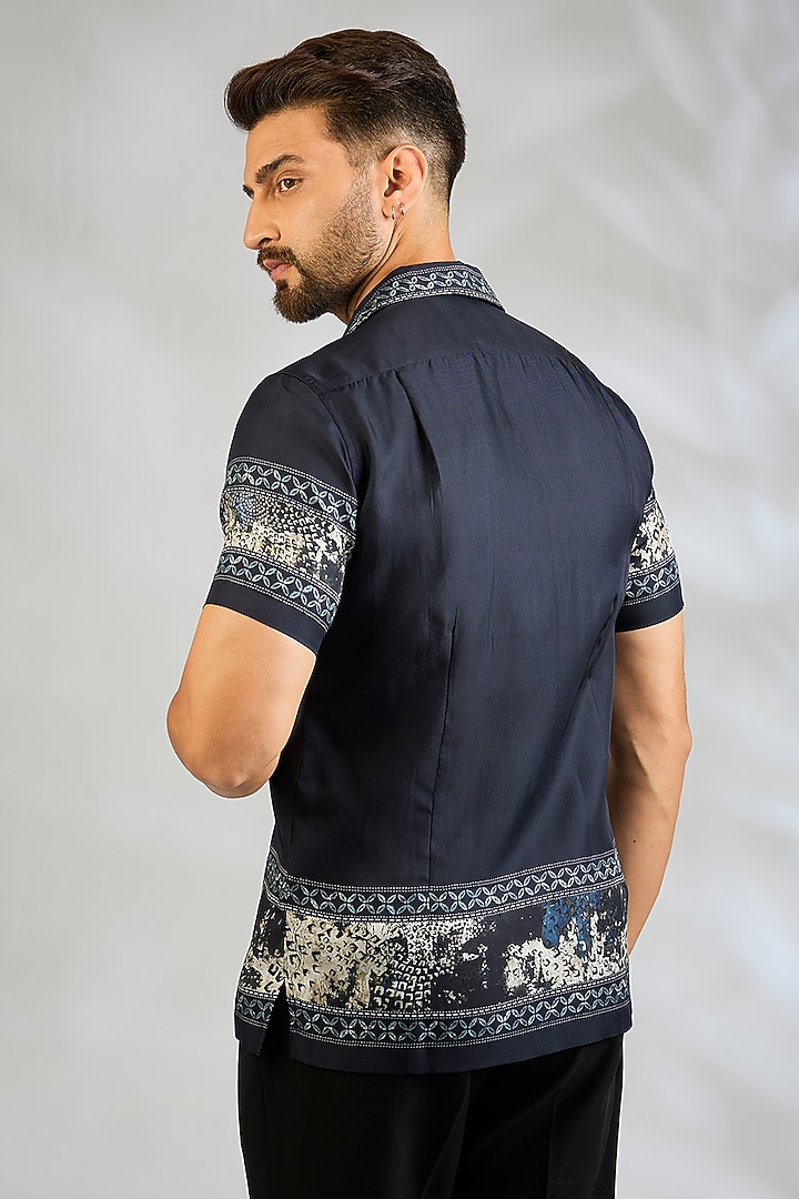 Navy Blue Silk Wedding Shirt by Rohit Gandhi & Rahul Khanna Men at Pernia's Pop Up Shop