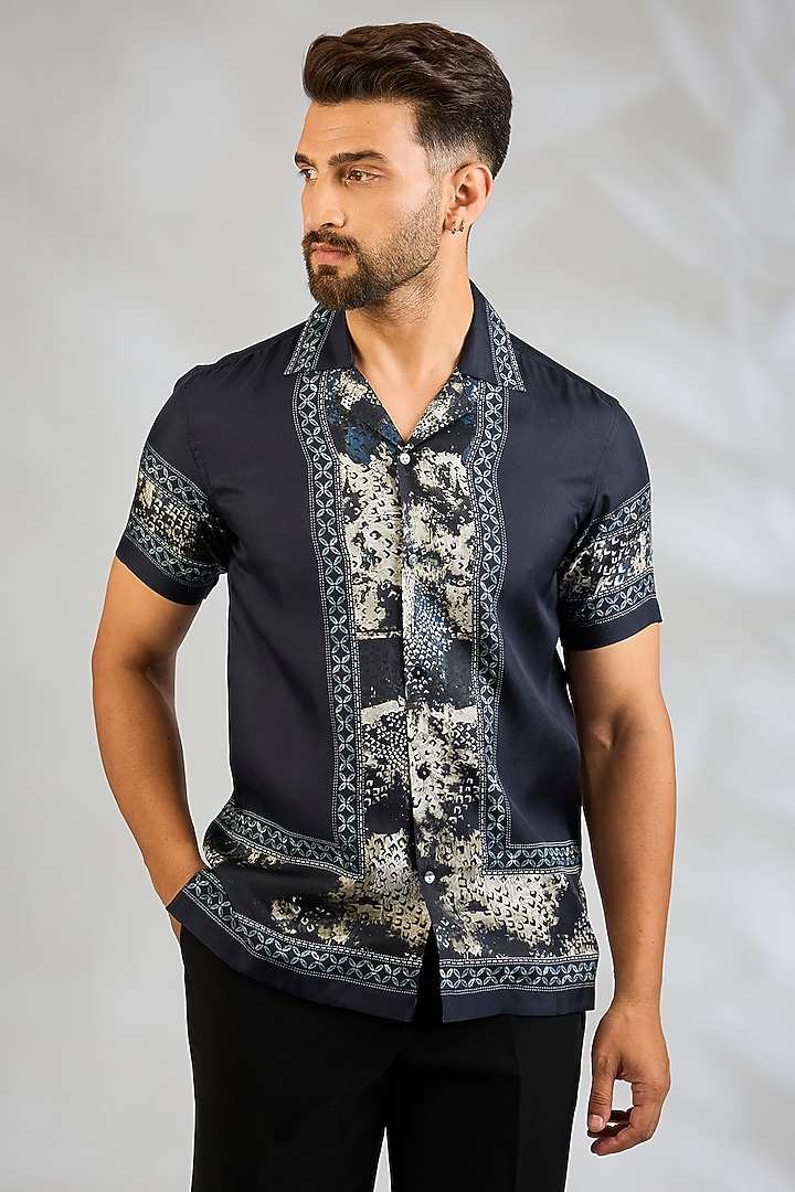 Navy Blue Silk Wedding Shirt by Rohit Gandhi & Rahul Khanna Men at Pernia's Pop Up Shop