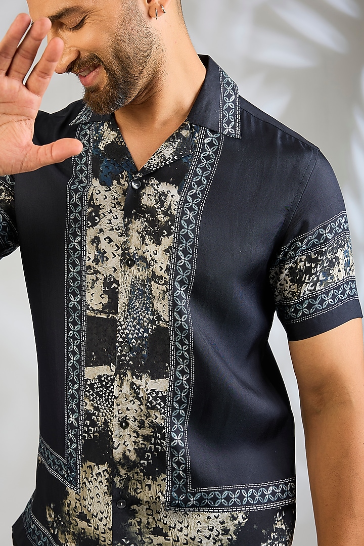 Navy Blue Silk Wedding Shirt by Rohit Gandhi & Rahul Khanna Men at Pernia's Pop Up Shop