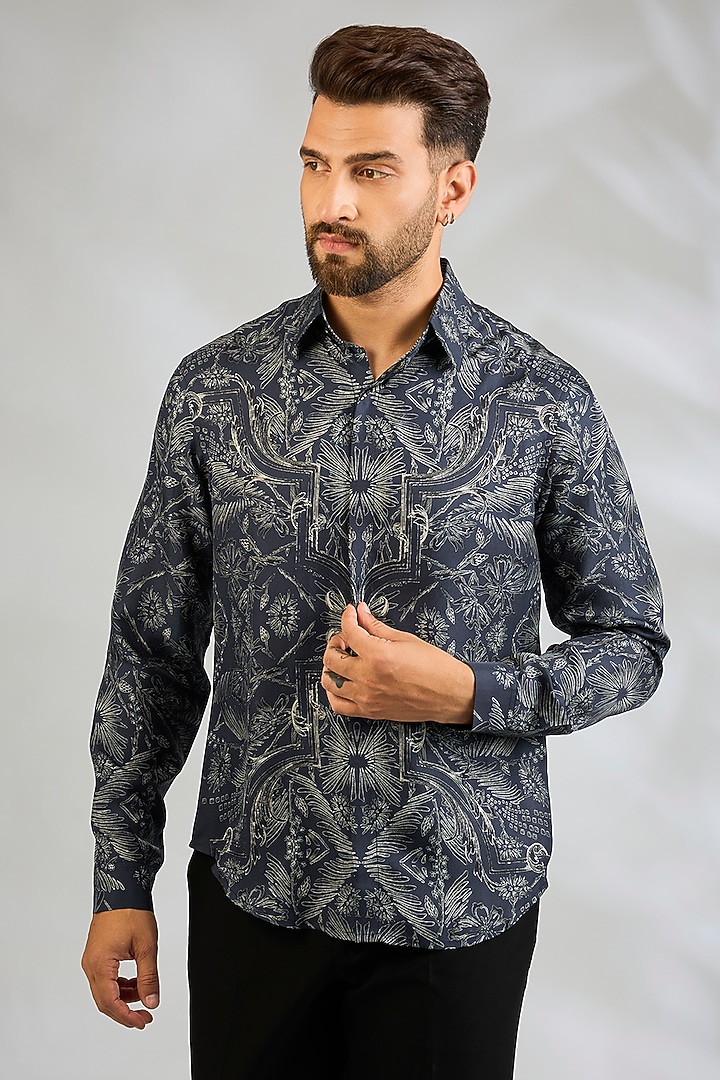 Navy Silk Wedding Shirt by Rohit Gandhi & Rahul Khanna Men at Pernia's Pop Up Shop
