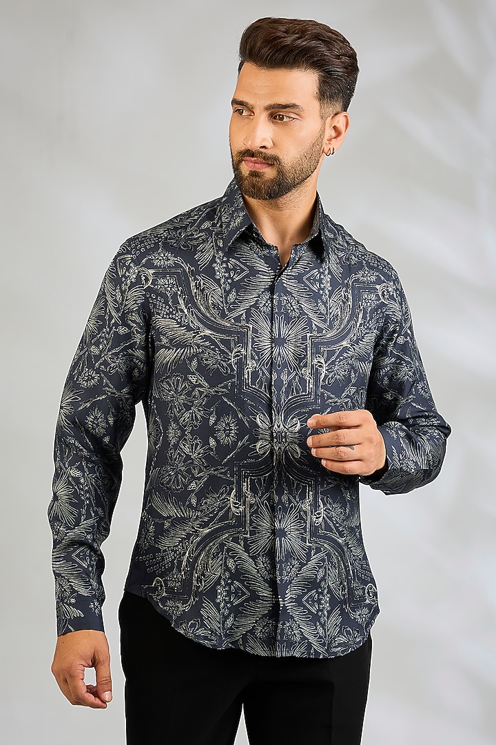 Navy Silk Wedding Shirt by Rohit Gandhi & Rahul Khanna Men at Pernia's Pop Up Shop
